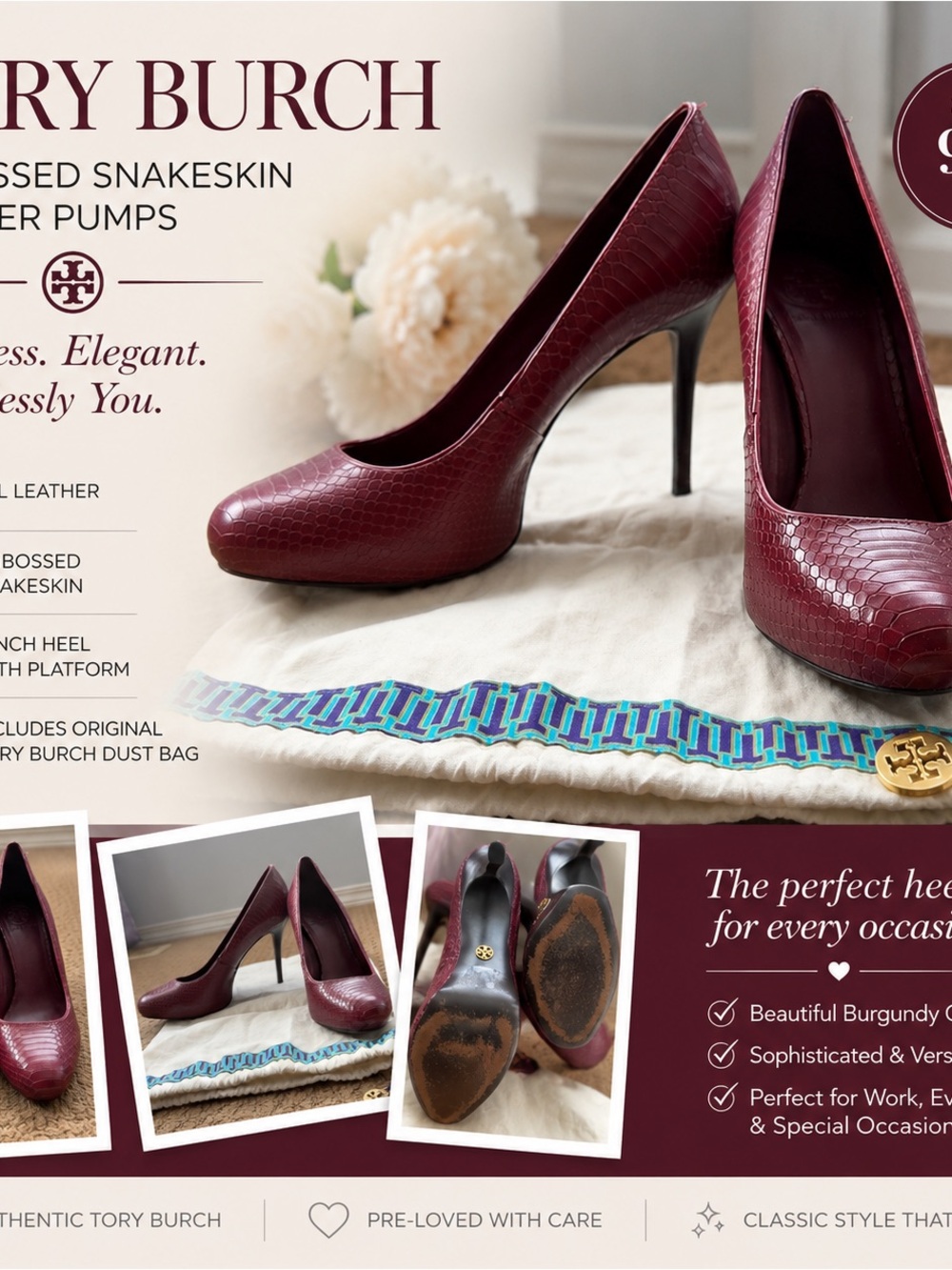 Tory Burch Burgundy Embossed Snakeskin Leather Platform Pumps | Size 9.5 | 4”